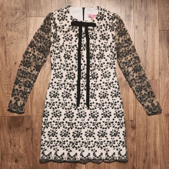 Betsey Johnson Tie Detail Flora Lace  Embroidery Dress Black And Tan Size 0 - Picture 3 of 10